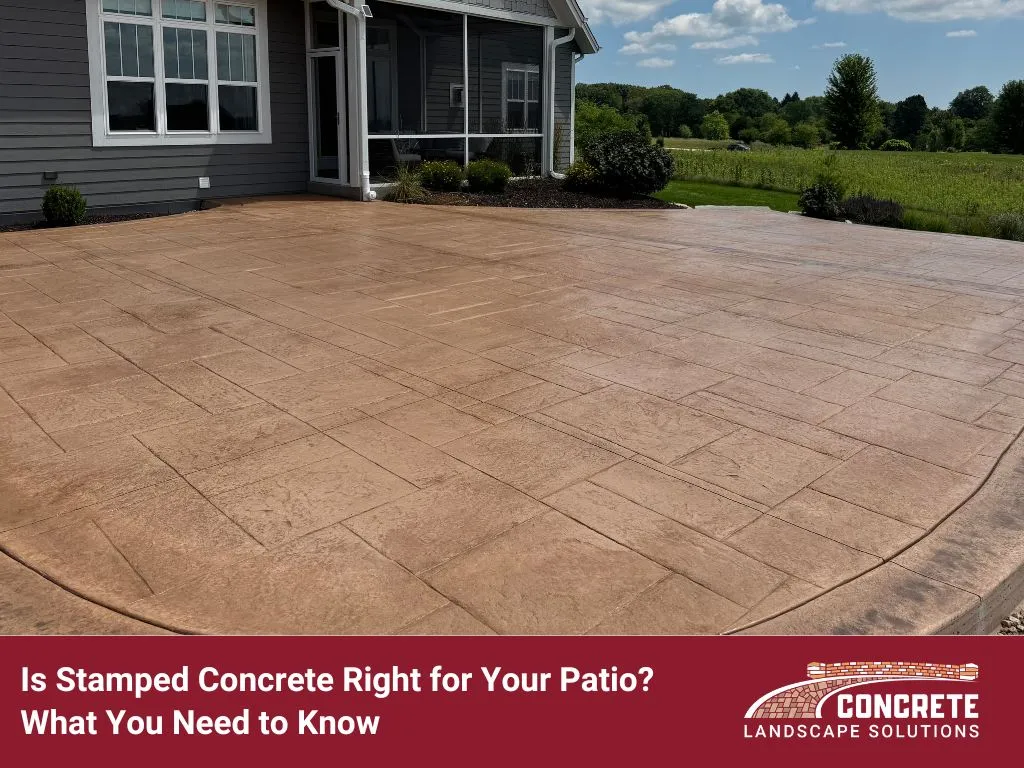 Visual inquiry about the suitability of stamped concrete for pools, showcasing a pool deck with stamped concrete design.